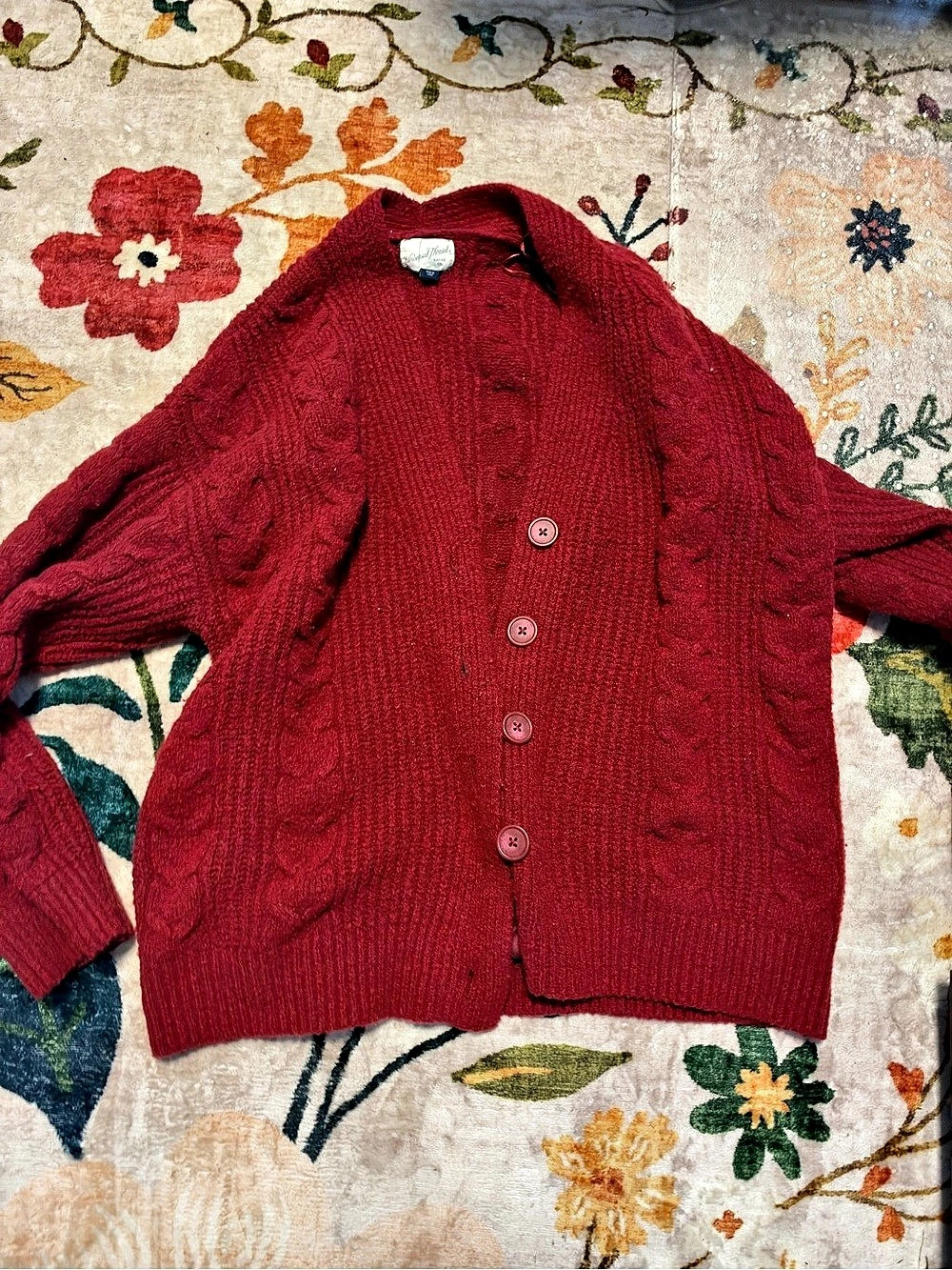 Cable Knit Button-Front Cardigan in Red